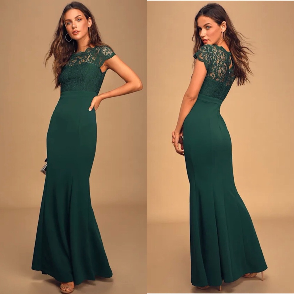 NWT Lulus Hopeful Romantic Hunter Green Lace Mermaid Maxi Dress